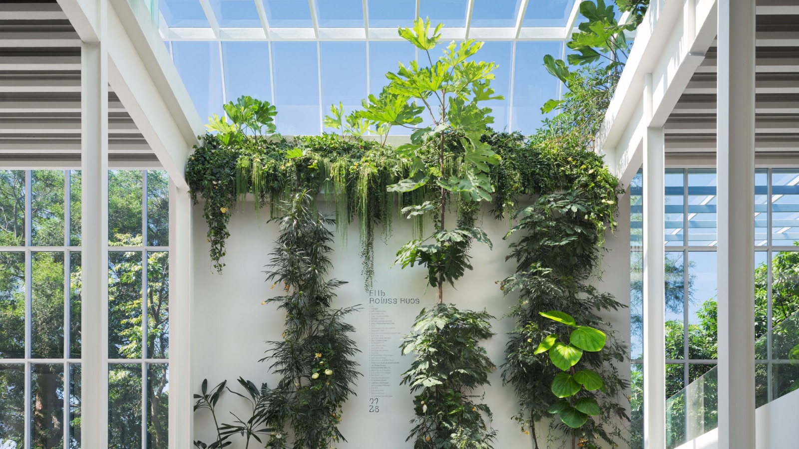 A bright atrium where green plants climb a white architectural wall under a glass ceiling