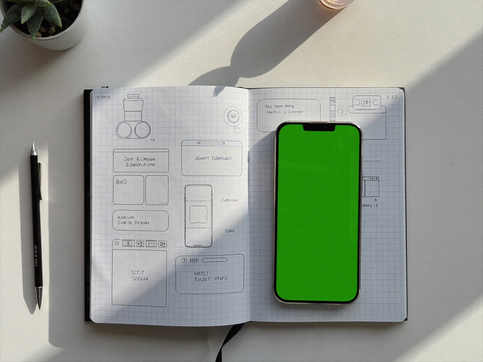 A white workbench with interface sketches on grid paper, a phone, and a small succulent
